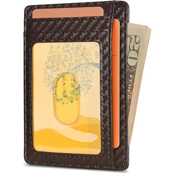 Slim Minimalist Front Pocket RFID Blocking Leather Wallets Carbon Fiber Coffee - Picture 2 of 7